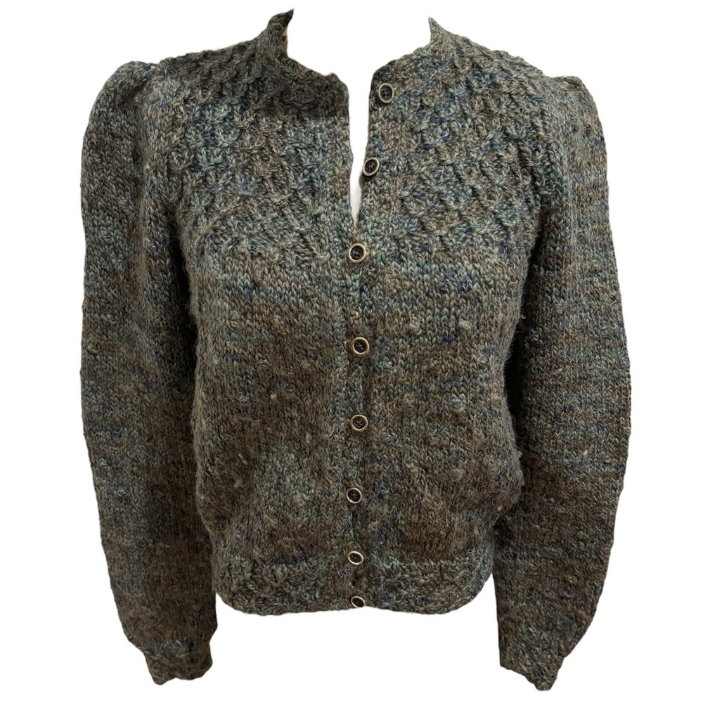 70s WOOL VARIGATED GRAY & BLUE HAND KNIT CARDIGAN SWEATER W PUFFED SHOULDERS